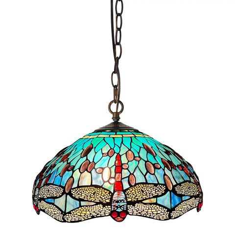 ARTZONE Antique Tiffany Pendant Light Fixture Stained Glass Hanging Lamp with vibrant dragonfly design, 16" wide and 24" high.