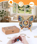 Butterfly Themed 3D Puzzle Clock Kit With Pendulum Wooden Model For Wall Decor Beginners Friendly Diy Crafts Gift For Mom Women And Grandma Featuring Blue Purple Gradient Iridescent Wings And Classic Roman Numeral Dial displayed on a table