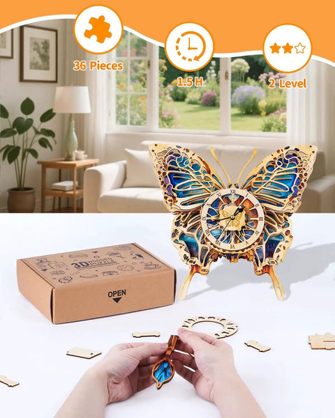 Butterfly Themed 3D Puzzle Clock Kit With Pendulum Wooden Model For Wall Decor Beginners Friendly Diy Crafts Gift For Mom Women And Grandma Featuring Blue Purple Gradient Iridescent Wings And Classic Roman Numeral Dial displayed on a table