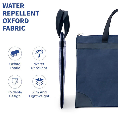 Go Anywhere Heavy Duty Large Zipper Pouch With Handle Fits A4 Paper And 16 Inch Laptop, Waterproof Oxford File Bag, Spacious Organizer For Office Travel And Daily Grind In Blue, showcasing water repellent fabric.