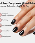 HEMA Free Nail Primer And Dehydrator Kit 2 x 15ml demonstrating nail prep and black polished nails close-up.