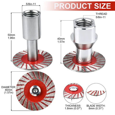 Built Tough 1.57 Inch Diamond Saw Blade Set With Segmented Wavy Edge And Quick Swap Flange for quick cuts, sizes shown: 40mm diameter.