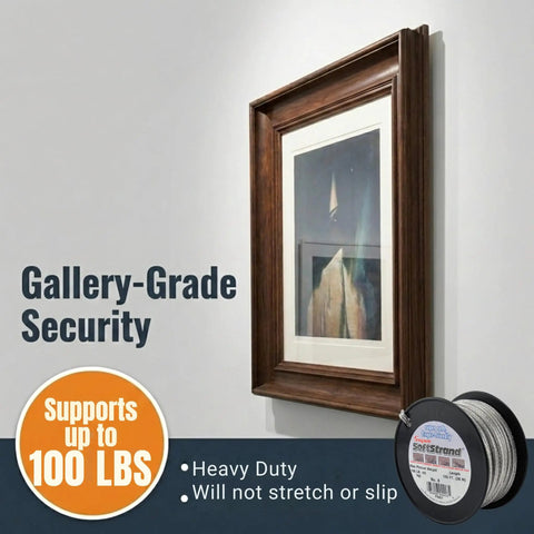 Picture Wire Vinyl Coated Stranded Stainless Steel 500 Feet Length Size Five Supports Frames Up To Forty Three Pounds With One Hundred Pound Break Strength For Artwork Mirrors Canvases And Wall Decor At Home Or In The Gallery, shown with framed artwork.