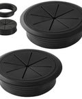Two Piece Desk Grommet Set In Black ABS Plastic For Cable Management, 3.15 Inch (80 mm) Hole Cover shown in various views
