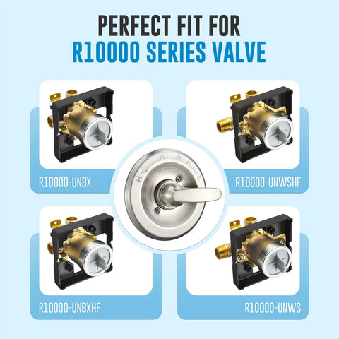 Brushed nickel Delta single-function shower handle with round escutcheon; cartridge included, fits R10000 series.
