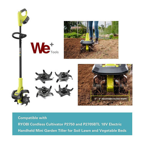 Cultivator Tines Replacement Blade Set For Ryobi 18V ONE Plus Cultivator P2750 P2705BTL P2750VNM, showing cultivator and blades.