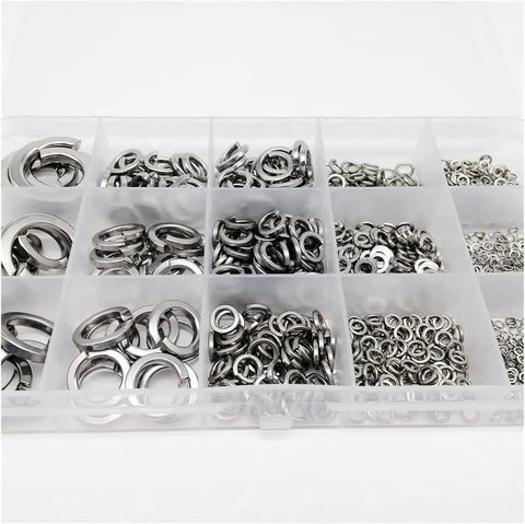 Beefed Up Stainless Steel Spring Lock Washer Kit With 1035 Pcs Assortment For M1.6 To M16 Sizes, 304 A2 70 Alloy, Prevents Loosening In Machinery Automotive Bikes And DIY Projects. assorted stainless spring lock washers in a compartment organizer