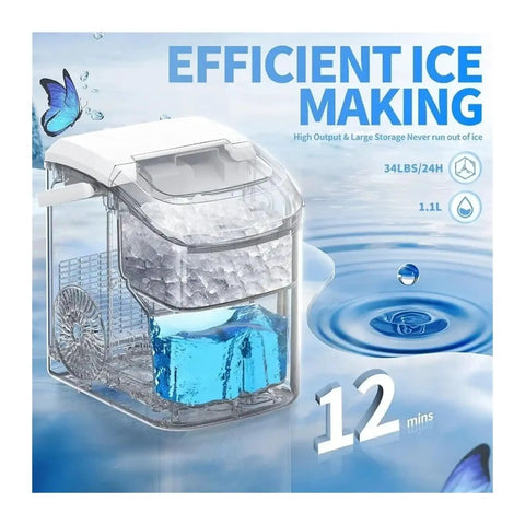 Portable Nugget Ice Maker Brings The Chill Producing 34 Pounds of Chewable Pebble Ice Daily showing storage and ice production details.