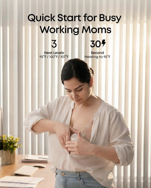 Heated Wearable Breast Pump With App Control For Hands Free Pumping Thirty Percent More Output HeatFlow Technology Delivers Spa Like Warmth And Clog Prevention For Busy Moms On The Go, woman using pump