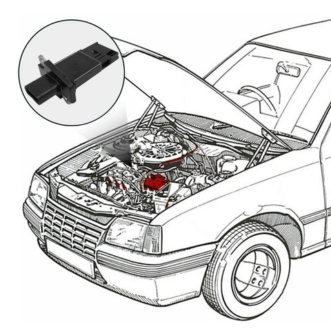 Drawing of car with inset image of Premium MAF Sensor 3L3Z12B579BAMAF0012 For Ford Escape Expedition Explorer F150 F250 F350 Lincoln MKX MKZ
