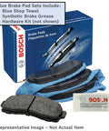 Front view of Bosch BE1564H blue ceramic rear brake pad set (two pads) with hardware and grease packet