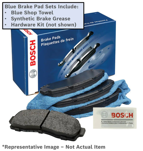 Box of blue ceramic disc brake pad set with Bosch branding, showing pads on a blue towel and a packet of synthetic brake grease.