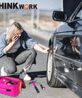 Woman using Pink Car Emergency Kit For Women And Teens, Roadside Help Essentials With Pink Tool Set, 10ft Jumper Cables, First Aid Kit, And More Cute Car Accessories Gift Idea For Her