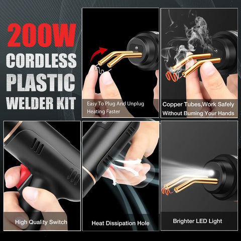 Collage showing features of 200W cordless plastic welder with heating tips, LED light, plug design, and high-quality switch.
