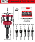 9 Piece Countersink Drill Bits Set With 82 Degree Countersinks, TCT alloy bits, adjustable depth stop collar, wrench