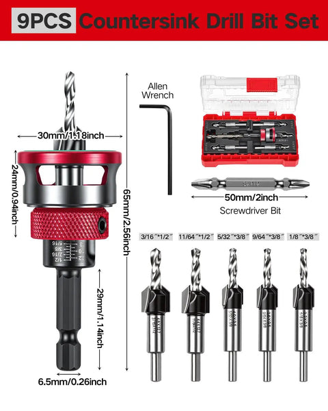 9 Piece Countersink Drill Bits Set With 82 Degree Countersinks, TCT alloy bits, adjustable depth stop collar, wrench