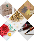 500 Piece Mini Brass Paper Fasteners Gold Pin Backs scattered among crafts, showcasing uses for scrapbooking and stationery organization.
