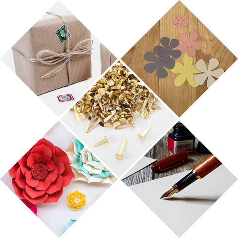 500 Piece Mini Brass Paper Fasteners Gold Pin Backs scattered among crafts, showcasing uses for scrapbooking and stationery organization.