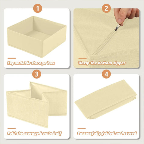 Foldable Drawer Organizer Bins For Clothing And Accessories, beige large collapsible storage box zipping and folding process