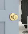 Mobile Home Privacy Door Knob With Lock For Bedroom And Bathroom, Interior Door Handle In Polished Brass on blue door