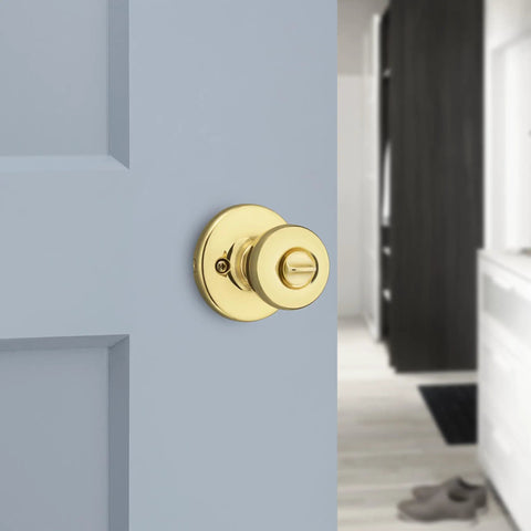 Mobile Home Privacy Door Knob With Lock For Bedroom And Bathroom, Interior Door Handle In Polished Brass on blue door
