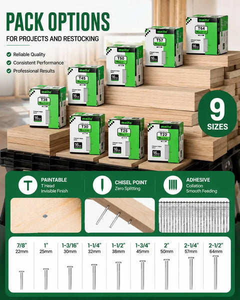Pro Trade 16 Gauge Finish Nails 2-1/2 Inch Galvanized Straight T Head Design Smooth Collation Zero Jamming Guaranteed For Hassle Free Trim Work And Custom Woodworking 2500 Piece Box displayed with various sizes.