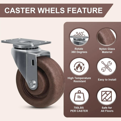 Built Like A Tank High Temp Caster Wheels For Bakery Ovens 570F Heat Resistant Glass Filled Nylon swivel roller with 360-degree rotation.