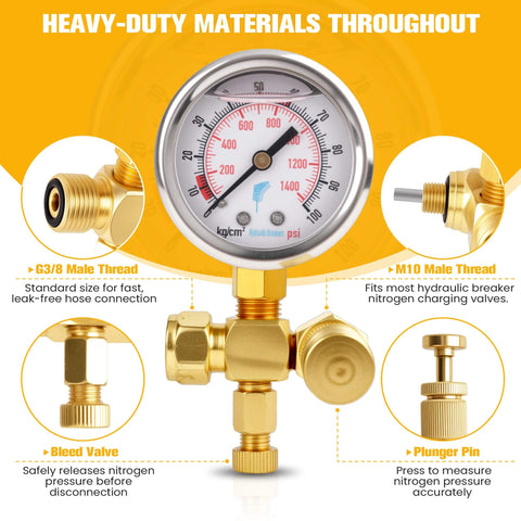 Hydraulic Breaker Nitrogen Charge Kit With Gauge And Hose 0-1420 PSI 0-98 Bar G5/8 To CGA580 Adapter For Excavators Post Drivers And Heavy Equipment Built Tough With Stainless Steel Gauge Case