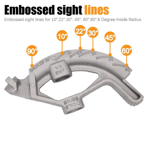 1/2 Inch EMT Conduit Hand Bender Tool With Aluminum Die Cast Head showing embossed sight lines for precise bending angles.
