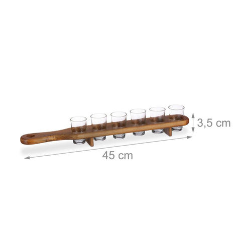 Kick Back Wooden Shooting Board Set With Eighteen Shot Glasses For Chill Game Nights Bar Stash Rack Rustic wood tray with six glasses.