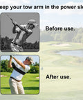 Golf Swing Arm Band Training Aid For Correct Posture And Smooth Swing Plane Flexible Arm Corrector Tool in use before and after.
