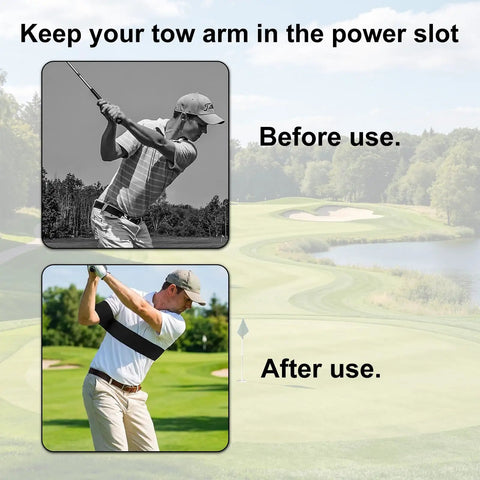 Golf Swing Arm Band Training Aid For Correct Posture And Smooth Swing Plane Flexible Arm Corrector Tool in use before and after.
