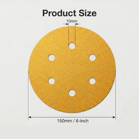 100 Pack 6 Inch 6 Hole Sanding Discs Set Dope Value showing disc size and hole spacing for dust extraction