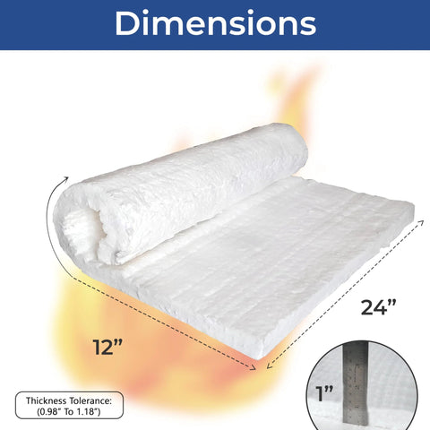 Ceramic fiber insulation blanket, 1 inch thick by 24 x 12 inches, rolled edge shown (front/side view).