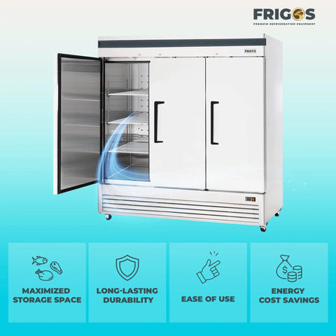 Massive 82 Inch Commercial Freezer With Triple Solid Doors And Precision Digital Temperature Control Built Hella Tough For Kitchens Running Round The Clock No Sweat Cold Storage With Free Liftgate Delivery Included Today, showcasing open doors and shelves.