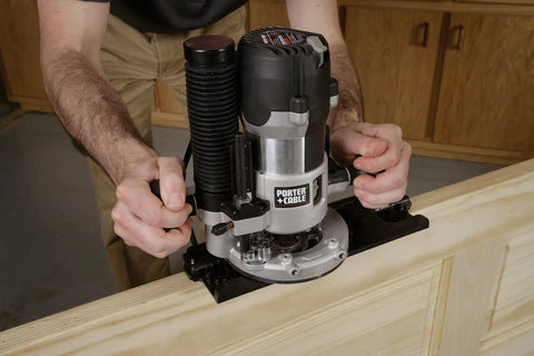 Heavy Duty Door Strike And Latch Router Template Fits Quarter Inch Collets, Precision Jig operating on a wood surface.