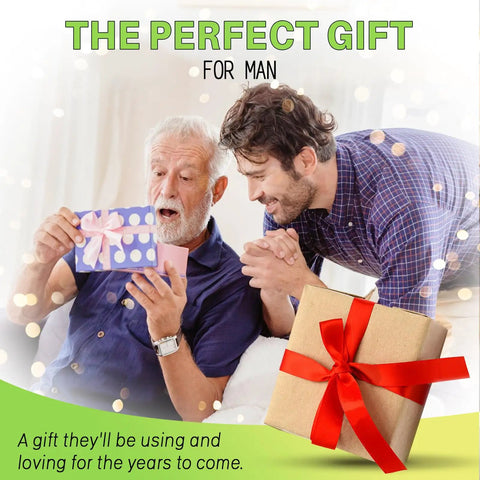 Two men looking excitedly at a gift card with a wrapped present, "The Perfect Gift for Man" text overlay.