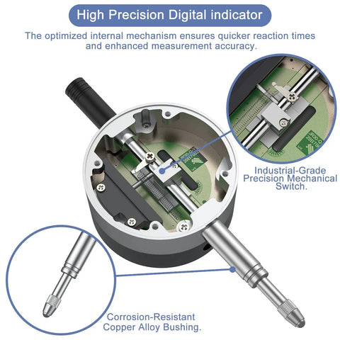 Electronic Digital Dial Indicator Gauge Pro Grade With Inch And Metric Measurement, showing internal mechanism features.