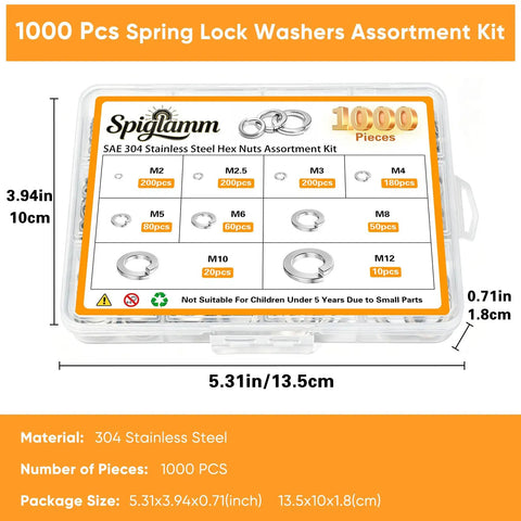Massive 1000 Pieces Spring Lock Washers Set In 304 Stainless Steel Nine SAE Sizes From M2 To M12 Split Lock Washers For Screws And Bolts Corrosion Resistant DIY Auto Marine Hardware Kit, clear case