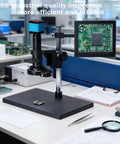 Heavy Duty 37MP 1080P Industrial C Mount Microscope Camera on a desk with PCB, monitor displaying detailed inspection.