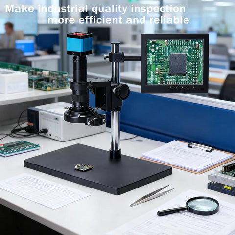 Heavy Duty 37MP 1080P Industrial C Mount Microscope Camera on a desk with PCB, monitor displaying detailed inspection.