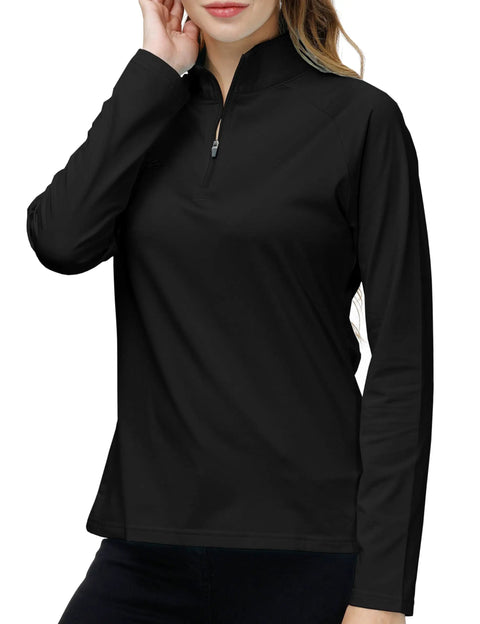 Women Long Sleeve Golf Polo Shirt Quarter Zip Stand Collar Pullover With Thermal Lining For Cold Weather Athletic Workout Top Black