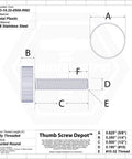 Technical drawing of Ten Pack Half Inch Thumb Screws With Black Knurled Round Plastic Knobs, Fine Thread Stainless Steel, No Tools Needed, Corrosion Resistant And Reusable, Durable Knob Grip, Made In USA, Lifetime Hassle Free Warranty, Perfect For Electronics And DIY, showing dimensions and materials.
