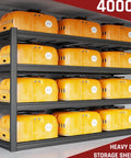 Industrial 67 Inch Wide Heavy Duty Garage Shelving Unit With 3500 Lbs Capacity 30 Inch Deep Adjustable Steel Shelves For Basement Kitchen And Warehouse Storage One Piece Design Built Tough Workhorse For Any Space, black steel 4-tier shelf holding yellow storage items