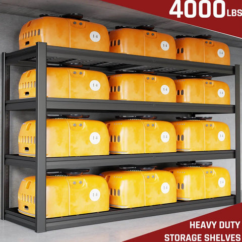 Industrial 67 Inch Wide Heavy Duty Garage Shelving Unit With 3500 Lbs Capacity 30 Inch Deep Adjustable Steel Shelves For Basement Kitchen And Warehouse Storage One Piece Design Built Tough Workhorse For Any Space, black steel 4-tier shelf holding yellow storage items