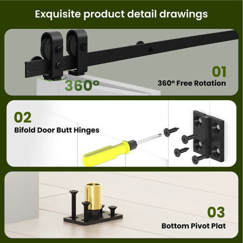 Space Saving Bi Fold Barn Door Kit 64 by 84 Inches White With Hardware Included sliding mechanism and hinges details