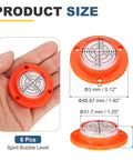 Nexarelle 6pcs Round Bubble Level D:48.9mm, H:12mm Orange/White shown in hand and with size measurements on display.