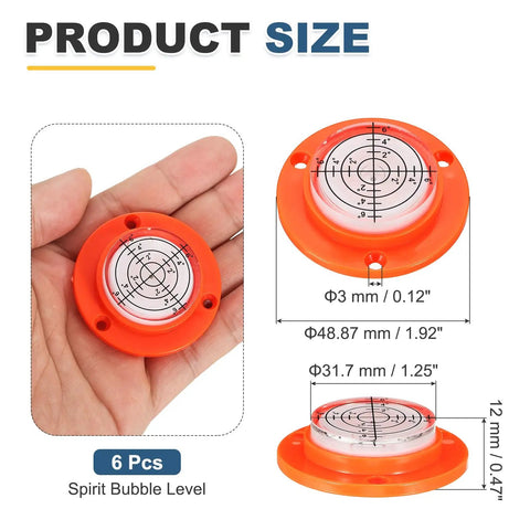 Nexarelle 6pcs Round Bubble Level D:48.9mm, H:12mm Orange/White shown in hand and with size measurements on display.