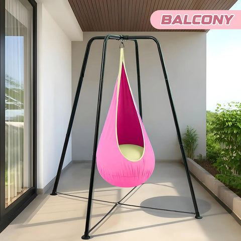 Sensory Swing Stand Frame With Pod Chair And Swings Set For Kids And Adults Heavy Duty Metal Swing Set For Indoor And Outdoor Use Autism Friendly Hammock Chair Stand Pink on balcony