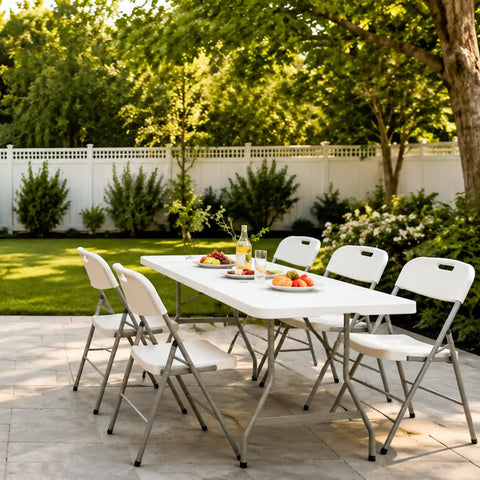 Beefy Six Foot Folding Table With Handle Portable 330Lb Capacity HDPE Top Waterproof And Stain Resistant Rustproof Steel Frame in garden setup